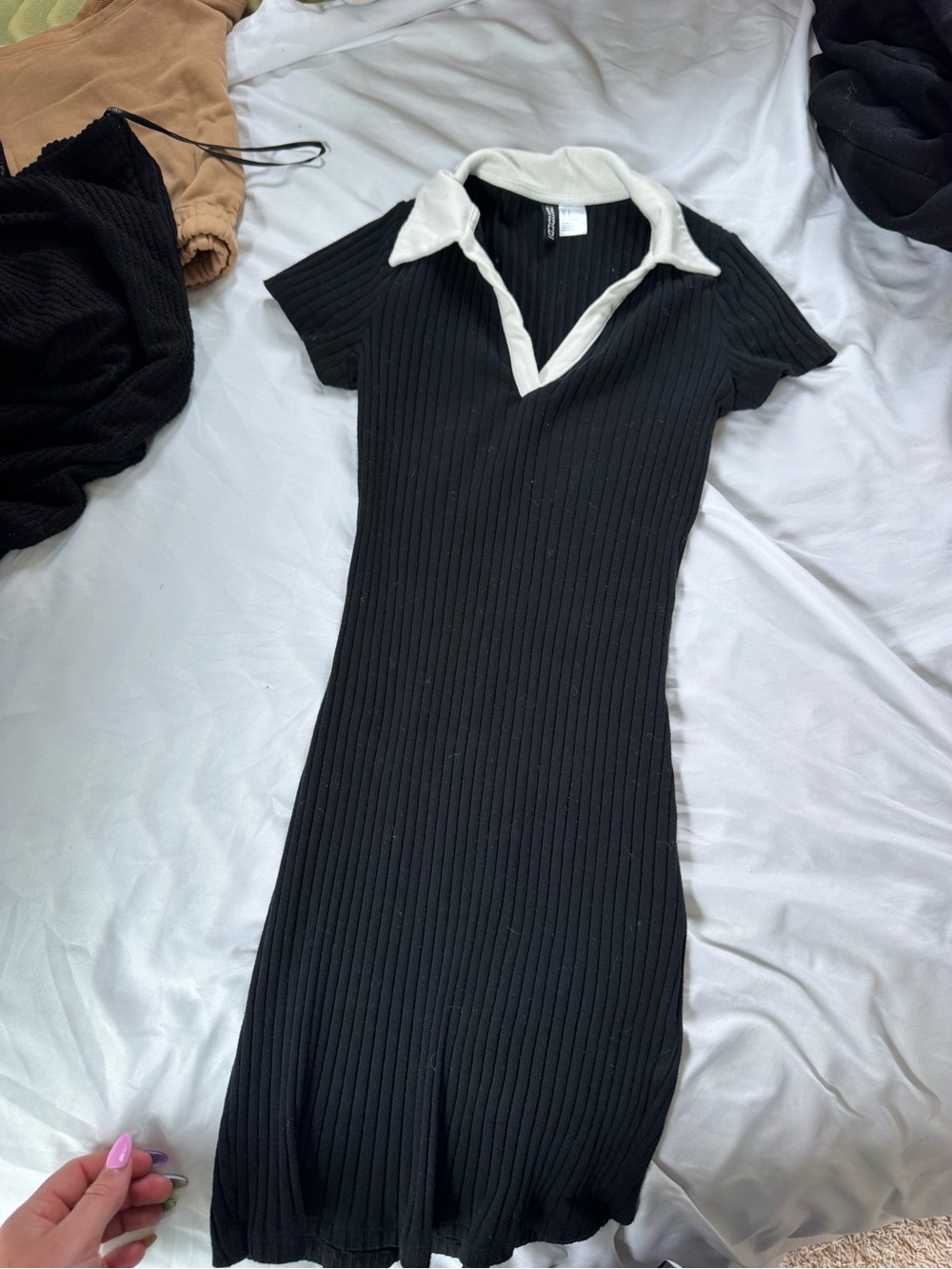 Black Ribbed Polo-Collar Dress with White Trim